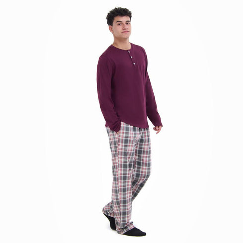 Men Fall Pajama Set Dark Red Buttoned Sweatshirt + Dark red x Grey checkered Pants